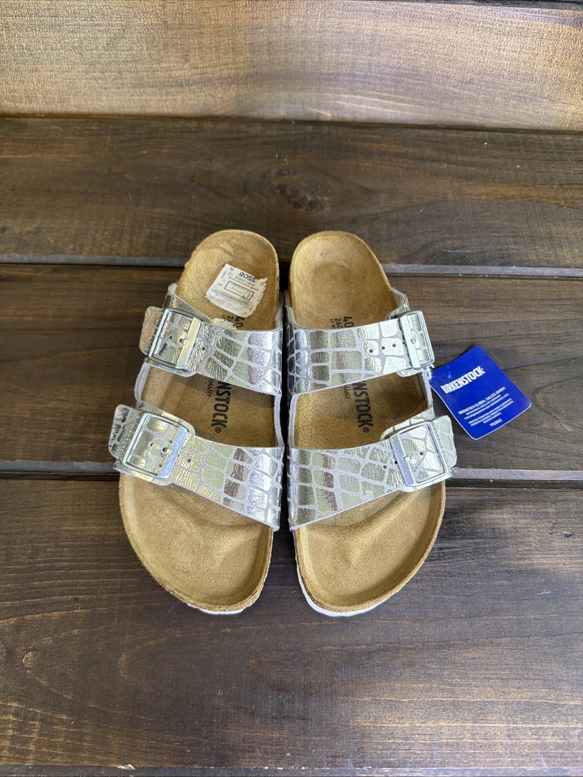 NEW Birkenstock Arizona Gator Gleam Silver Two Strap Slides Sandals Women Size 9