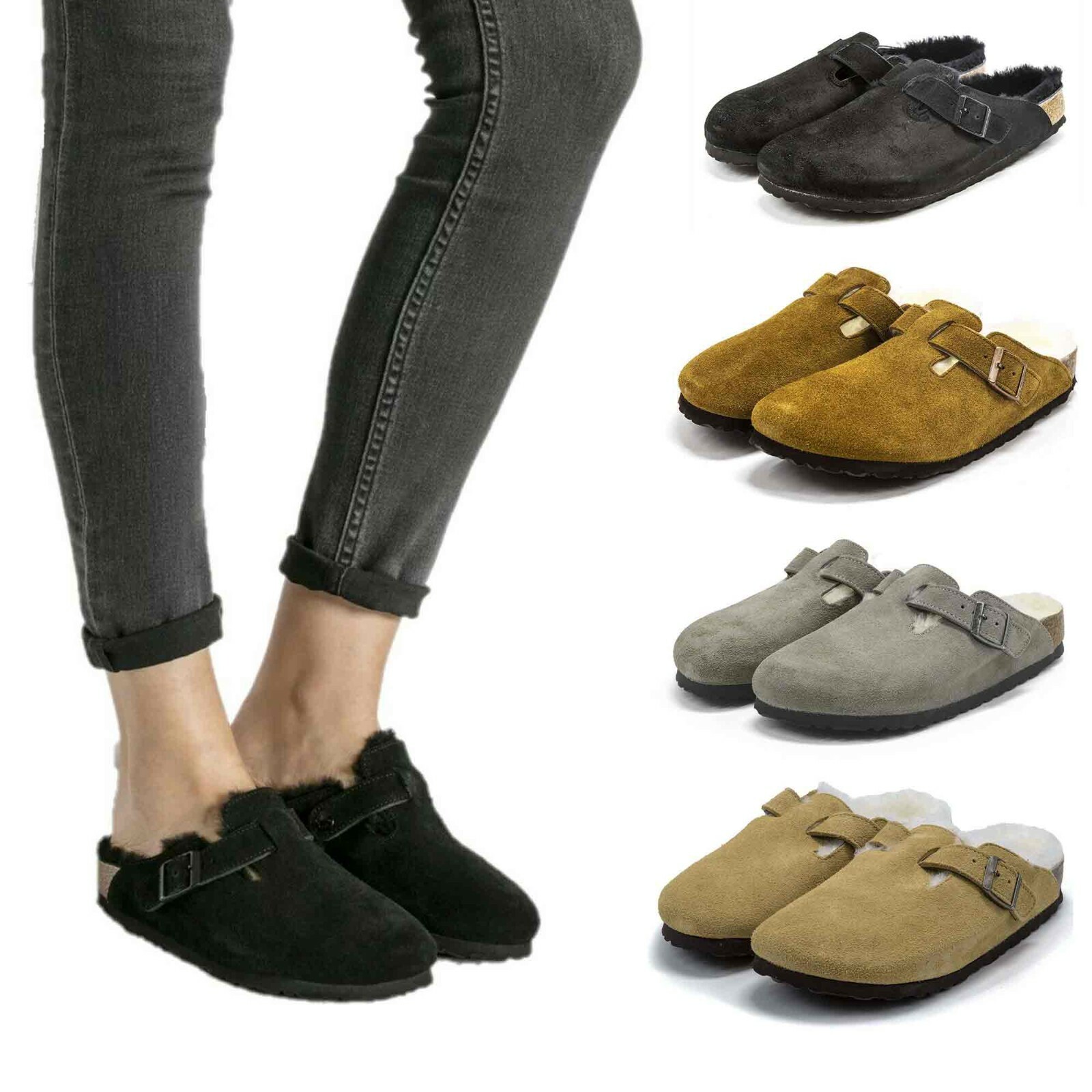 Birkenstock Boston Shearling Suede Leather Clog Men Women Unisex Slides Sandals