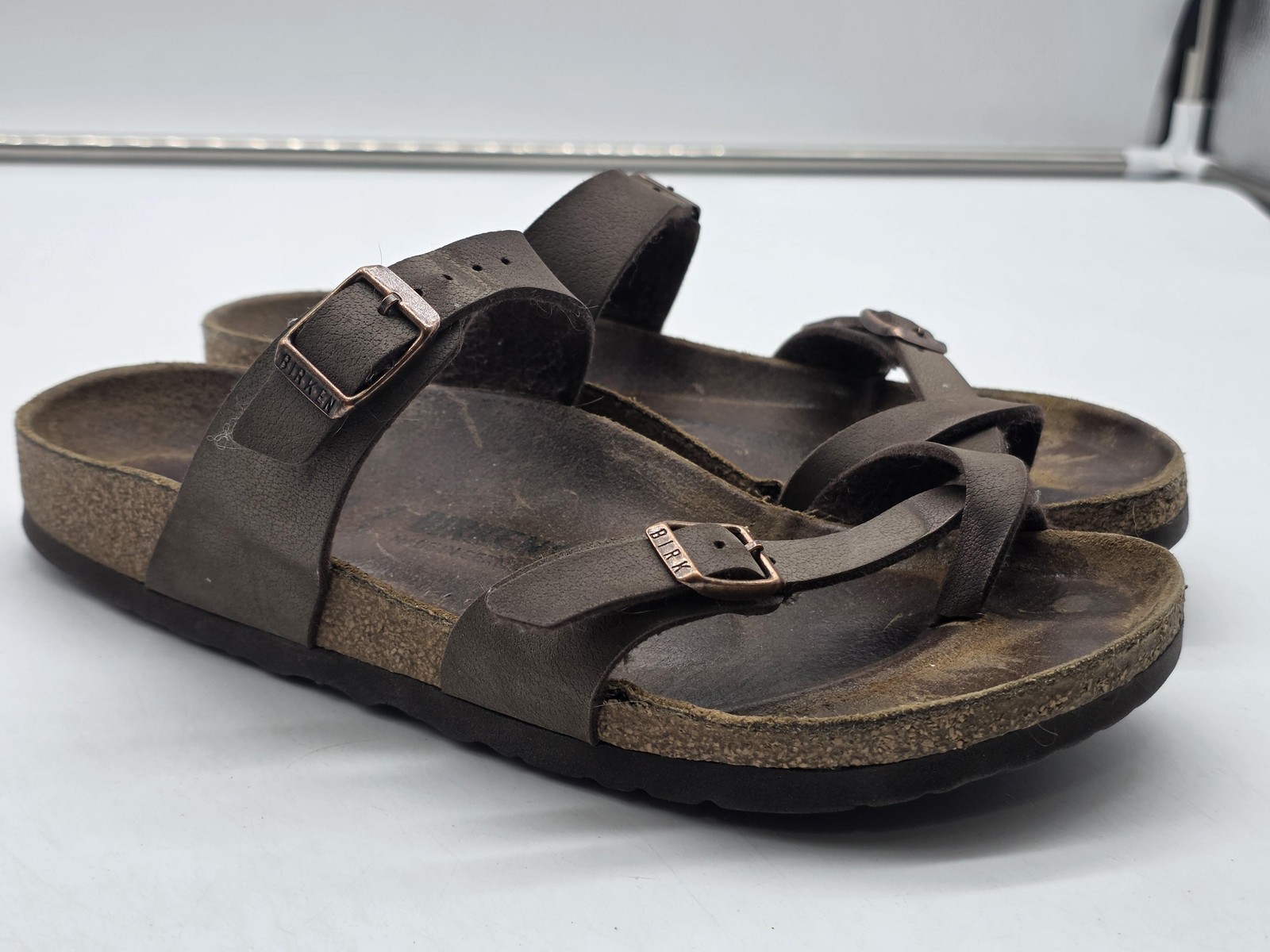 Birkenstock Mayari Sandals Womens Size 8 Brown Strappy Cork Footbed Damage Shoes