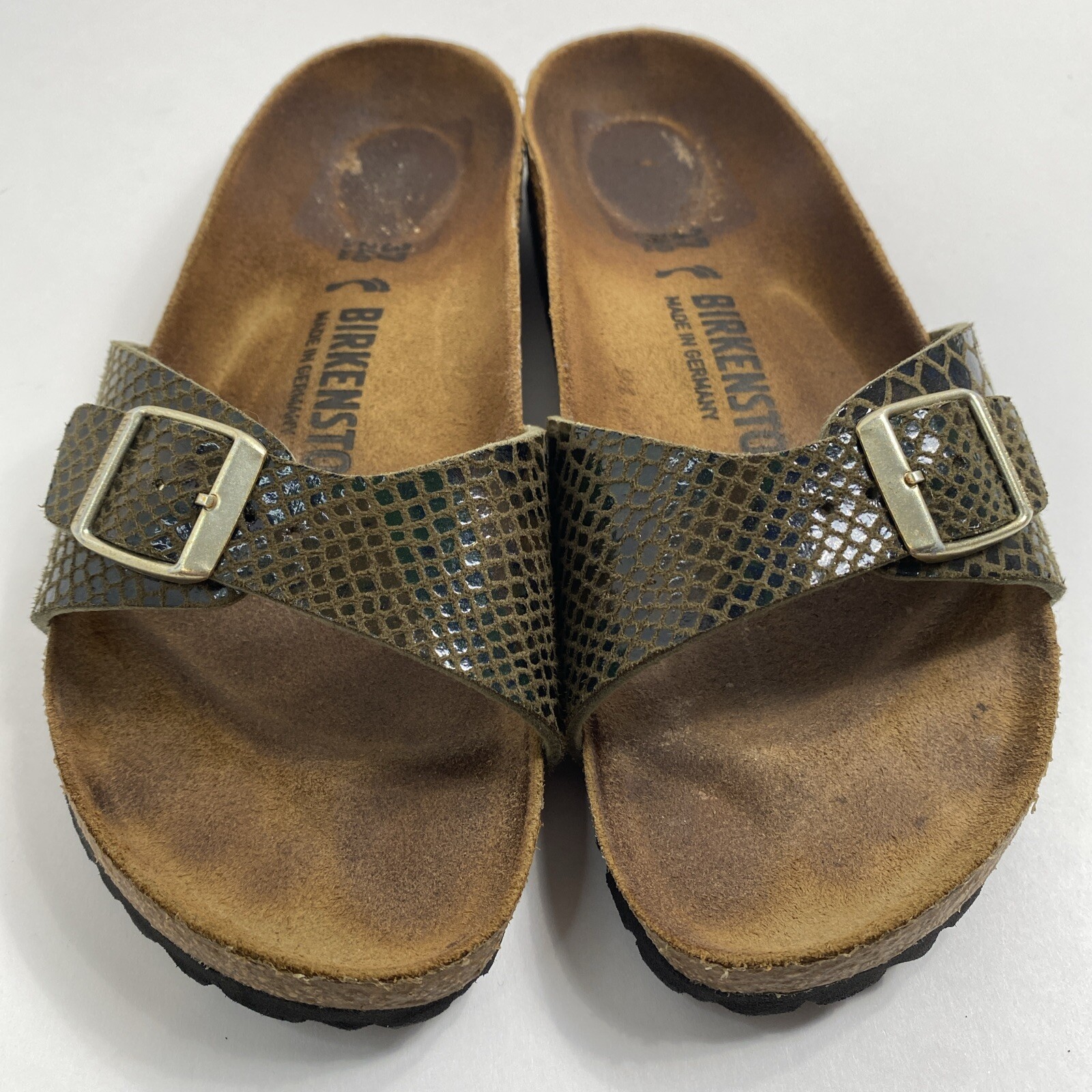 Birkenstock Madrid Womens Snake Skin Print Sandals Slides Sz 37 Green Slip On