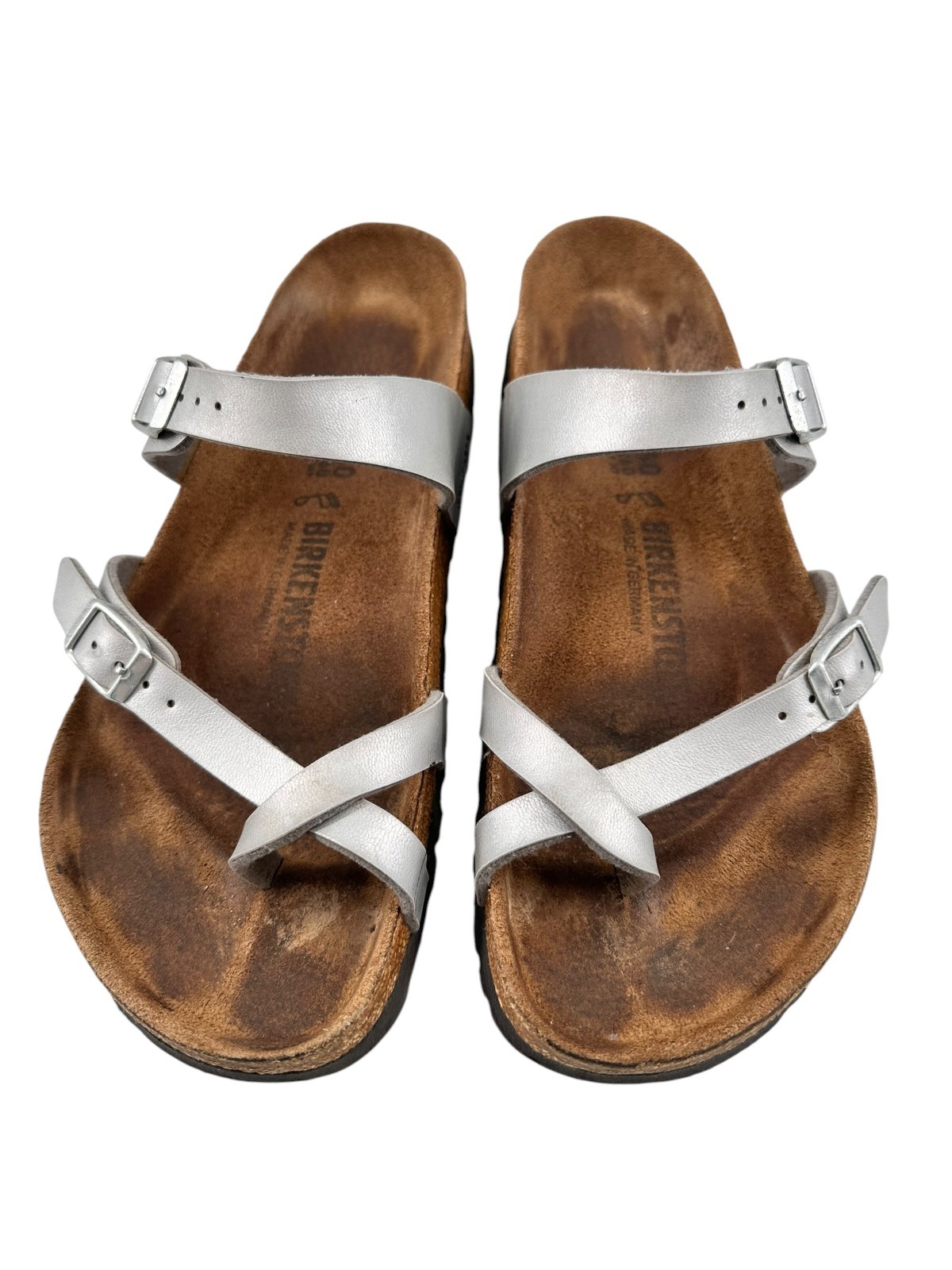 Birkenstock Women Mayari Silver Leather Birko-Flor Sandals Size 40 EU / 9 US Com
