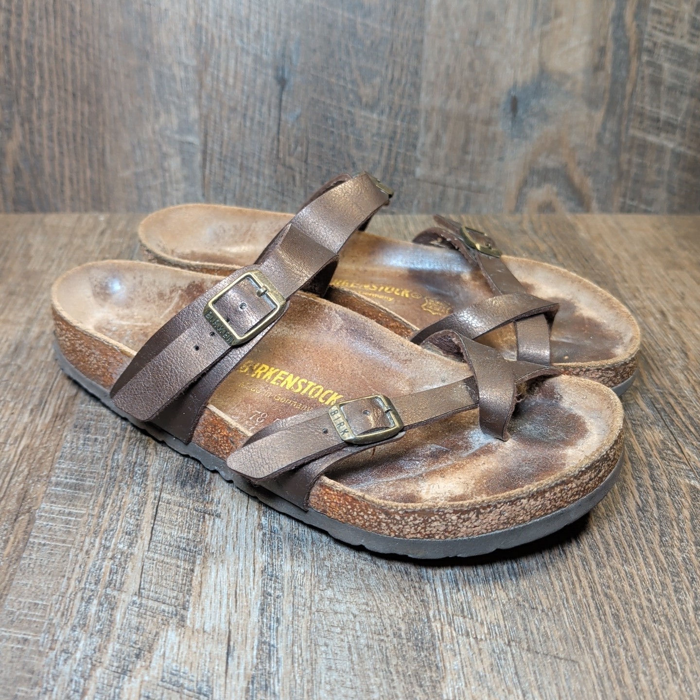Birkenstock Mayari Bronze Strappy Leather Slip On Slide Sandal Size EU 39 US 8