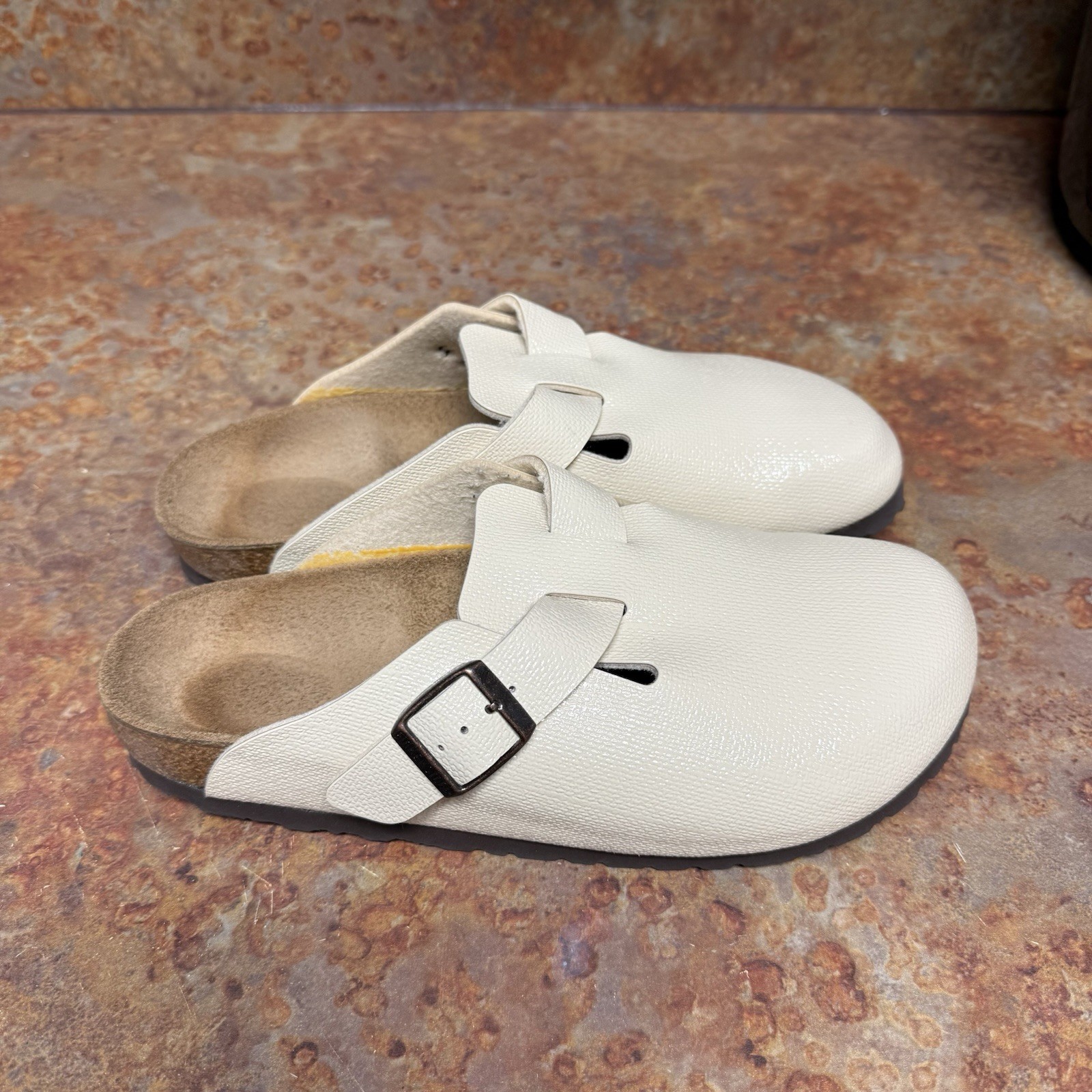 Size 6M – OG Birkenstocks Boston Clog Embossed Leather Yellow Writing