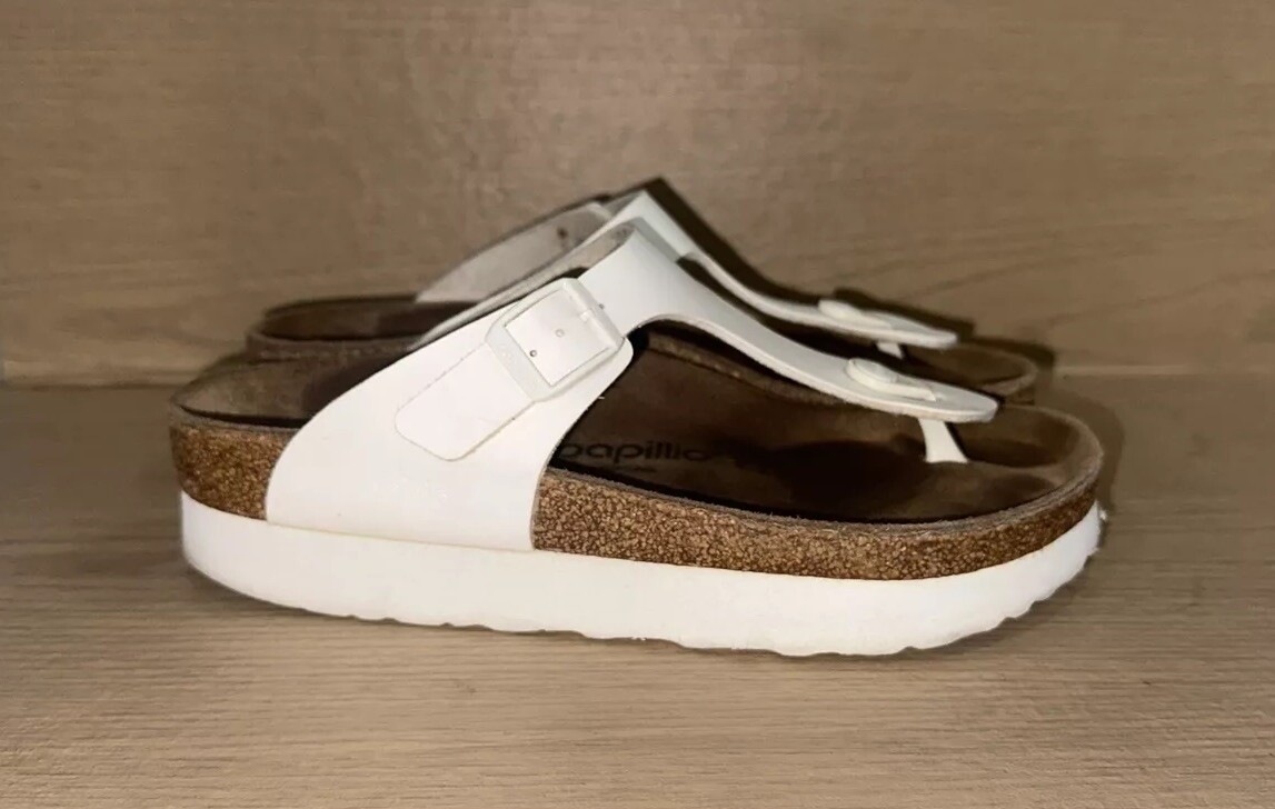 BIRKENSTOCK PAPILLIO White Leather Thong Sandals Sz 38M Made In Germany