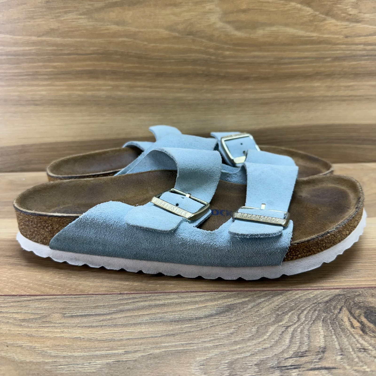 Birkenstock Arizona Soft Footbed Sandals 7 N EU 38 Light Blue Suede Travel Walk