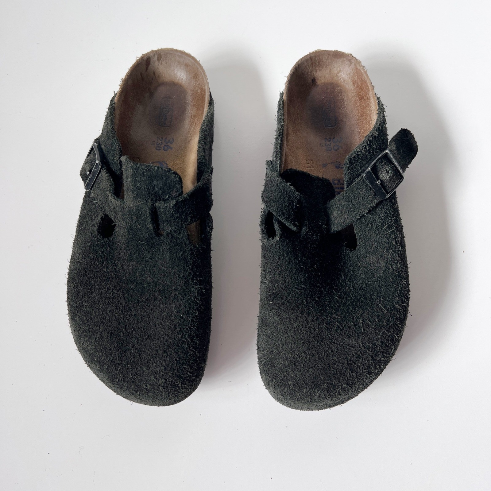 Birkenstock Boston Clogs Black Suede Leather Sandals Soft Footbed Size 36 Narrow