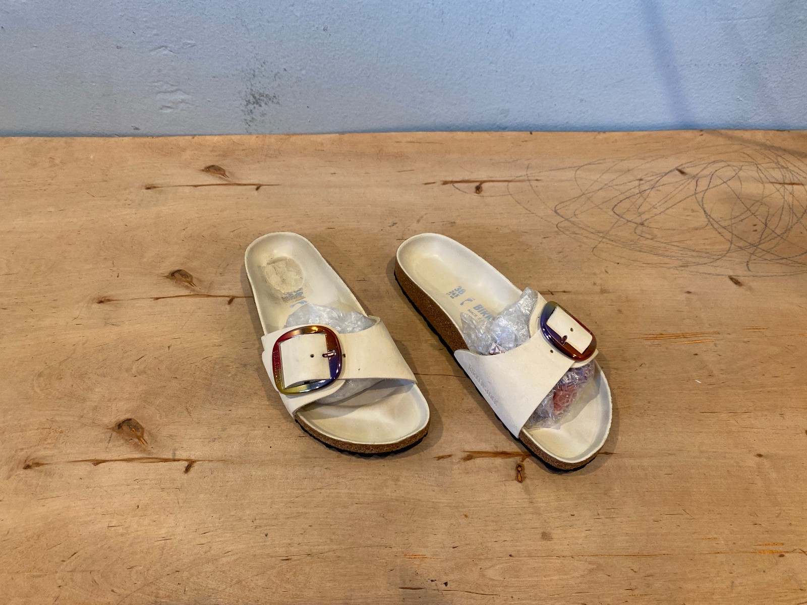 Birkenstock Madrid Iridescent Big Buckle Slide , Ecru Nubuck , 38 / 7 – 7.5