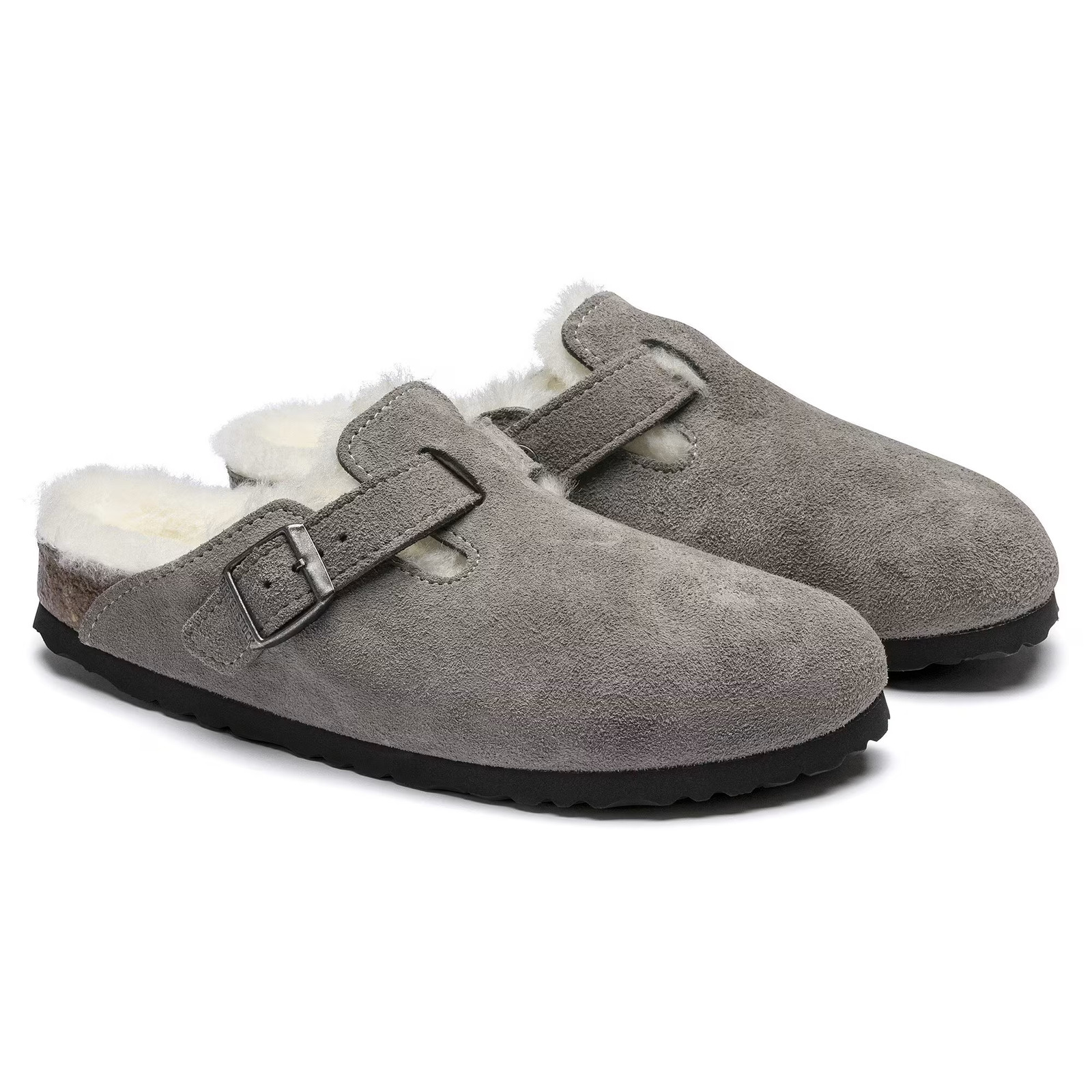 Birkenstock Boston Shearling Suede Narrow Fit Women’s Clogs, Stone Coin/Natural,