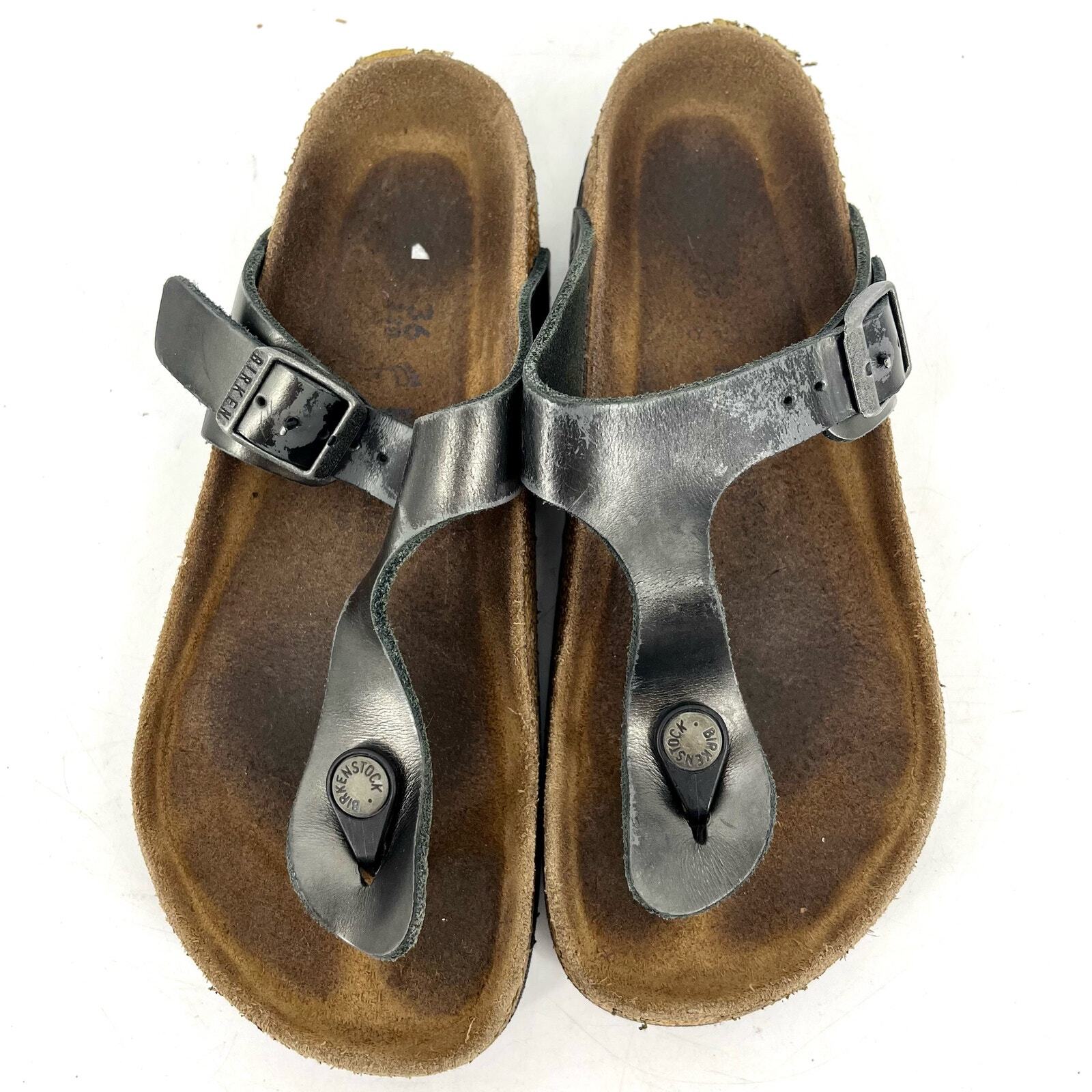 Birkenstock Gizeh metallic gray/black leather thong sandal (36). US 5.5
