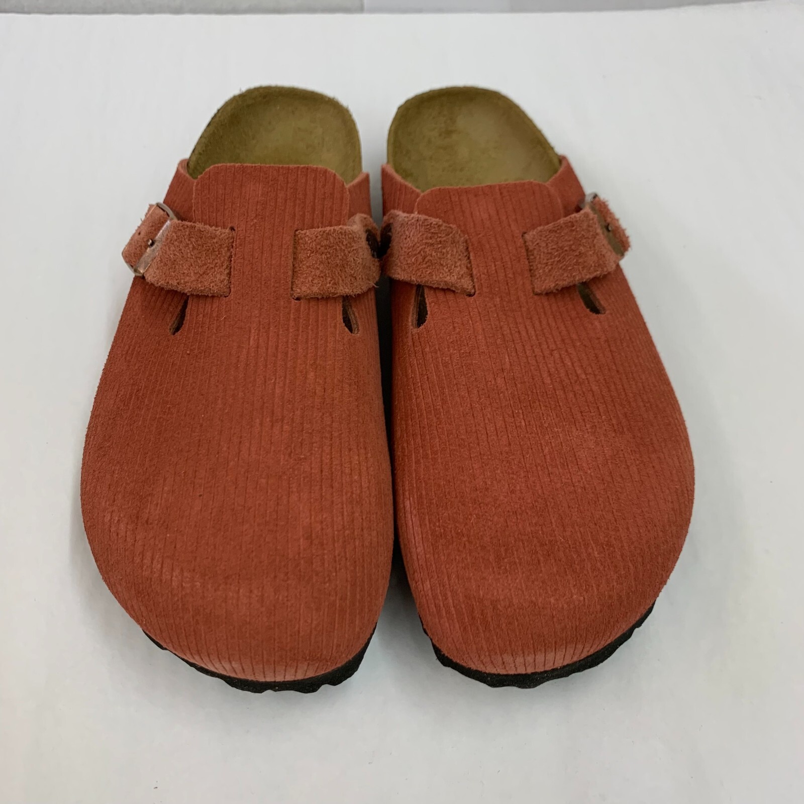 Birkenstock New w/ Box Boston Corduroy Sienna Red Suede Embossed Leather Narrow
