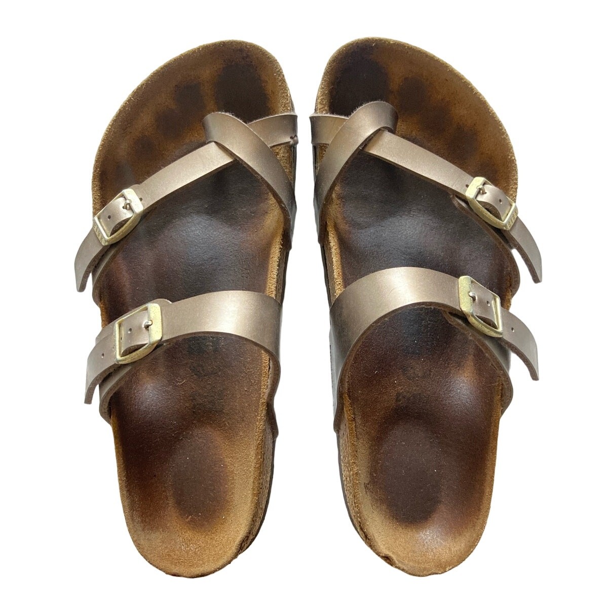 Birkenstock Mayari Metallic Taupe Gold Birko-Flor Strappy Leather Sandals Size 7