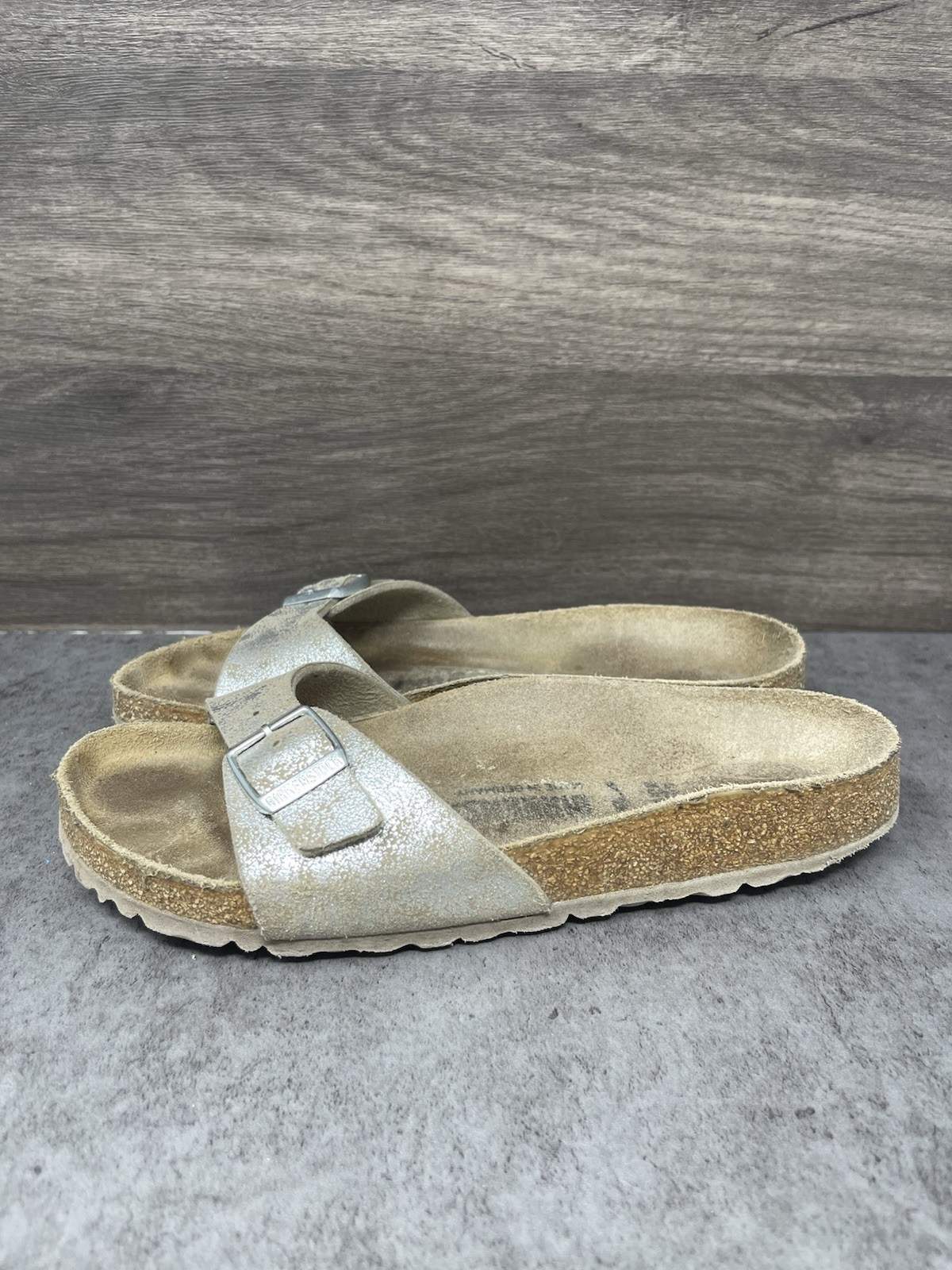 Birkenstock Madrid Sandals Womens Size 7 (38) Silver Metallic Slip On Slide