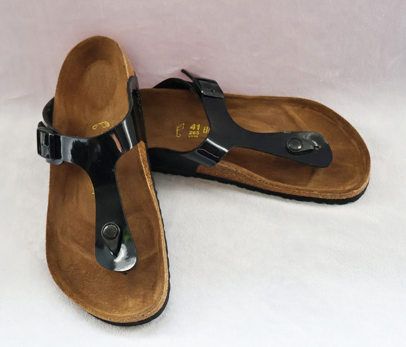 Birkenstock Gizeh Birkibak Birkoflor black patent sandals, size EU41/US10 – VGC