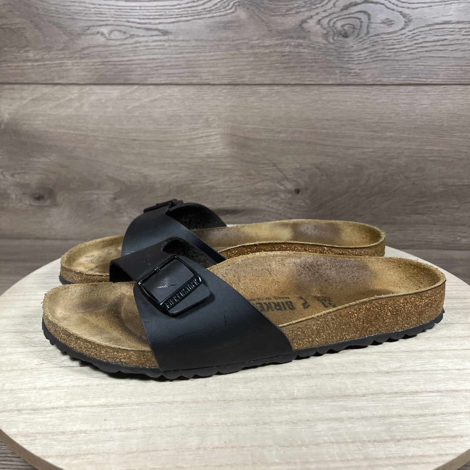 Birkenstock Madrid Birko-Flor Black Leather Slide Sandal Women Size US 10 Narrow