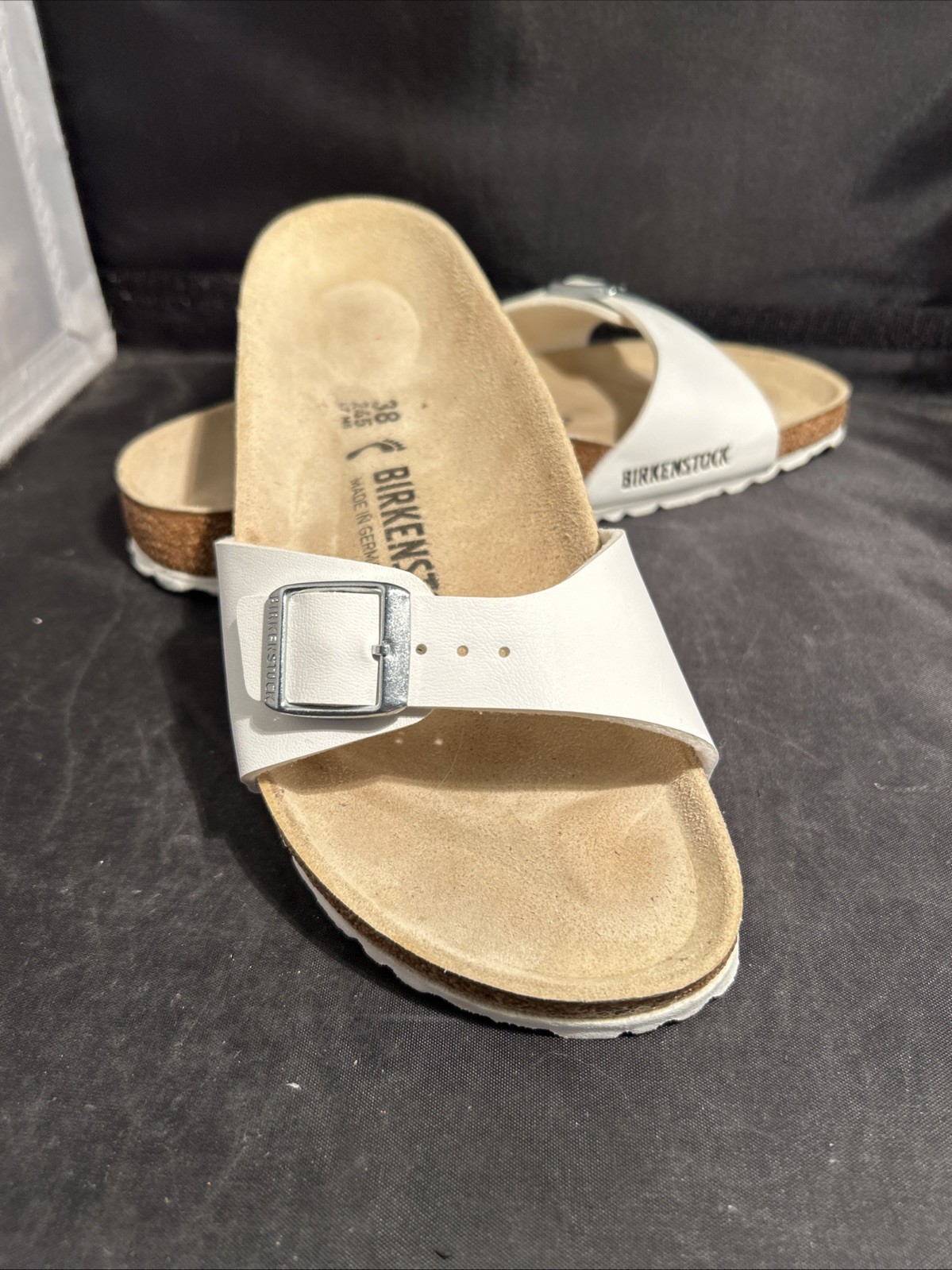 Birkenstock Madrid Birko-Flor White Strap Buckle Slides Women’s Size 7 EU38 EUC