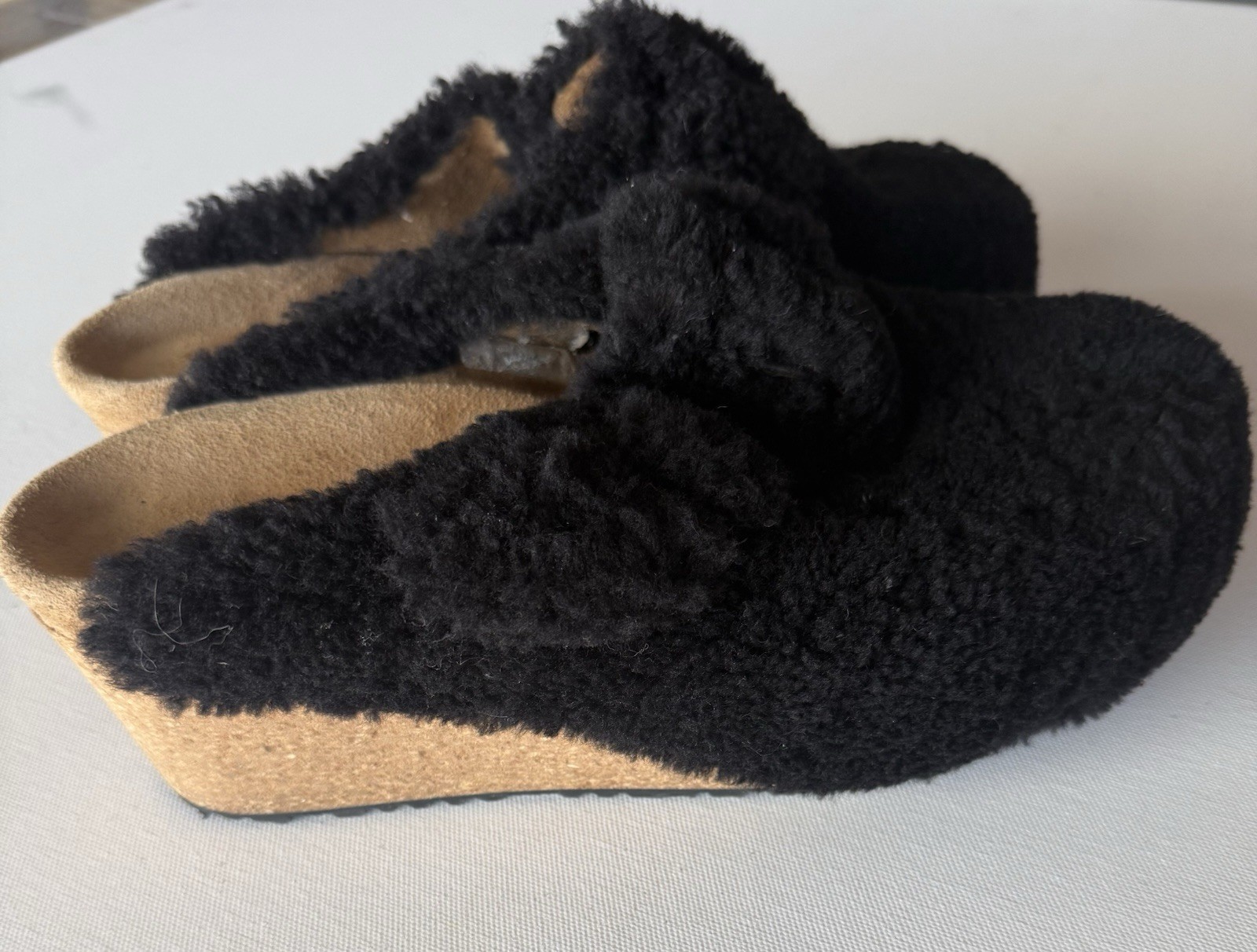 Papillio Birkenstock Fanny Teddy Wedge Mule Black Shearling Sherpa Sz 42