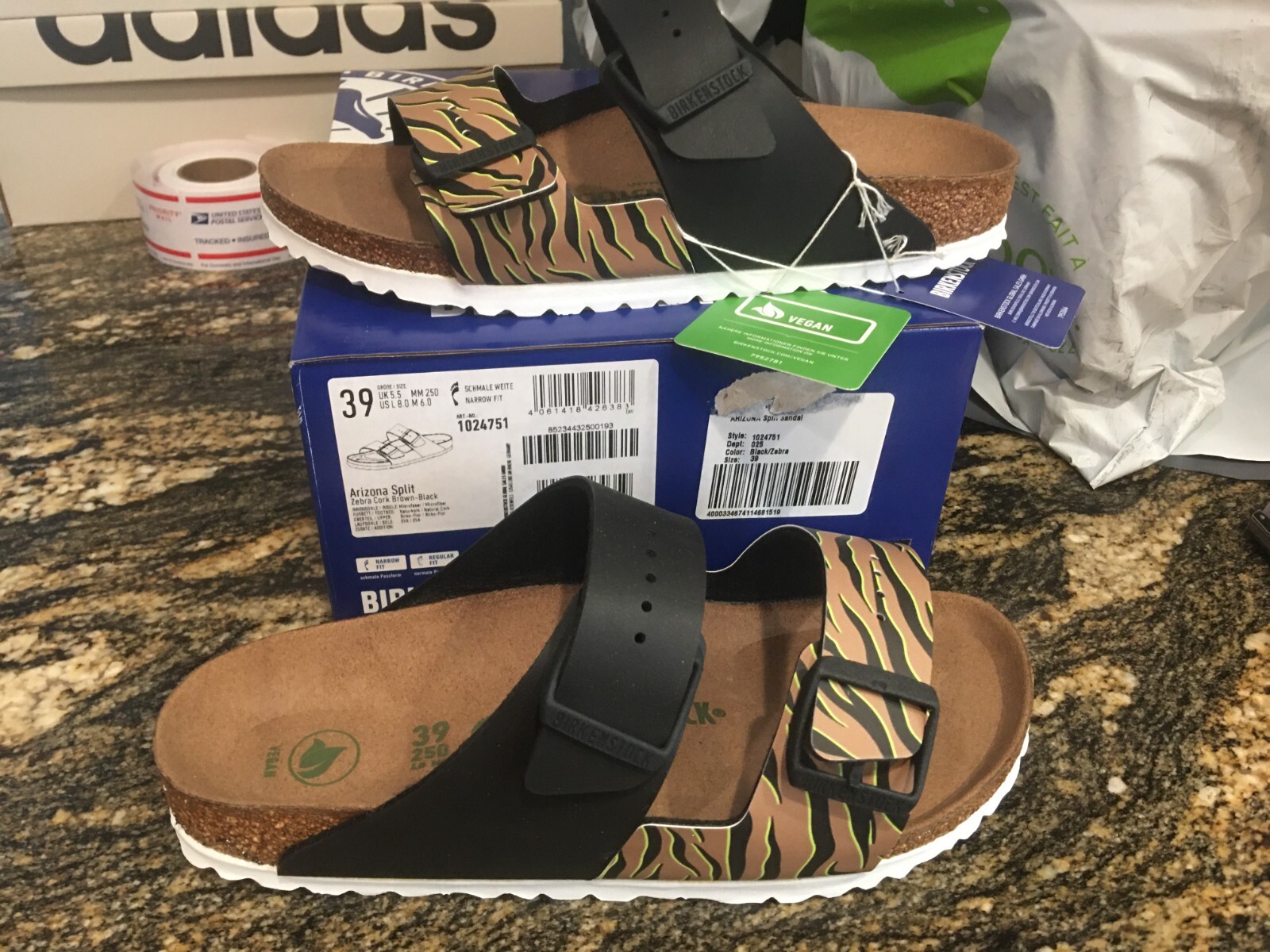 New Womens Birkenstock Arizona Split Zebra Cork Sandals, size 8 Narrow