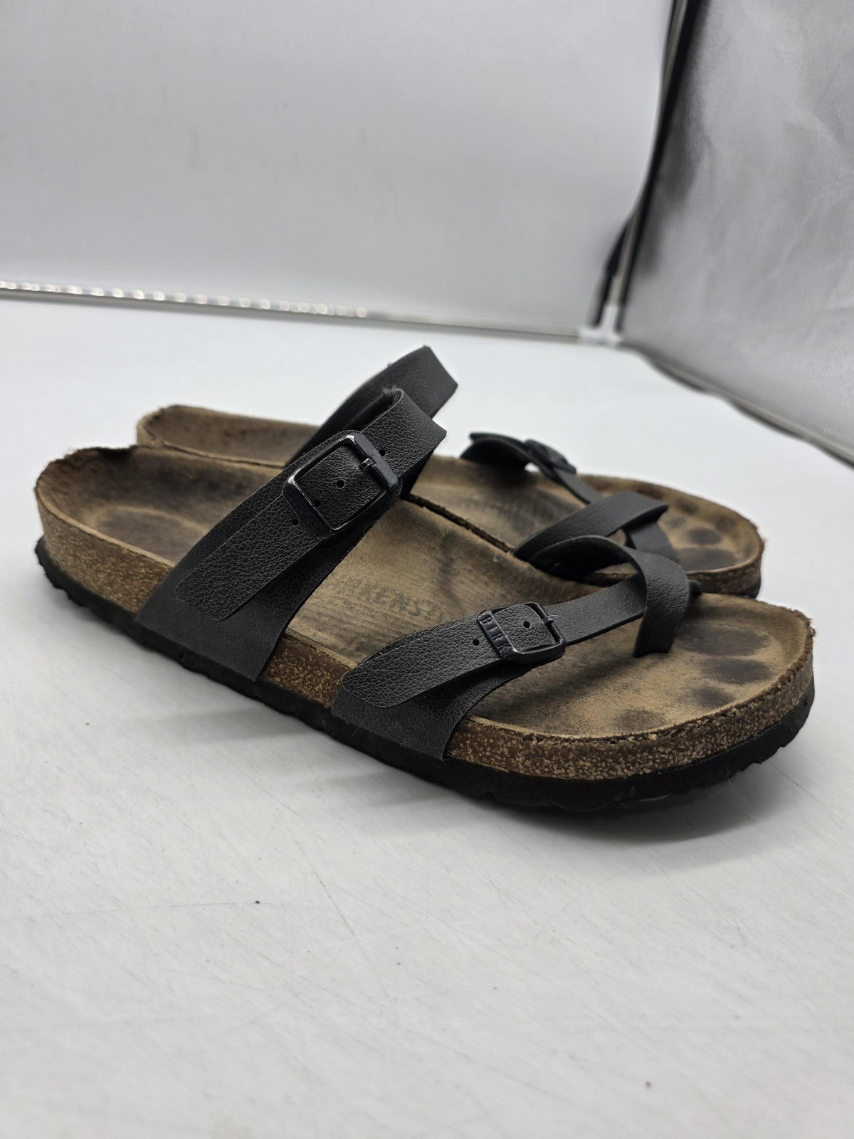 Birkenstock Mayari Sandals Shoes Womens Size 8 Black Cork Slip On Casual Damage