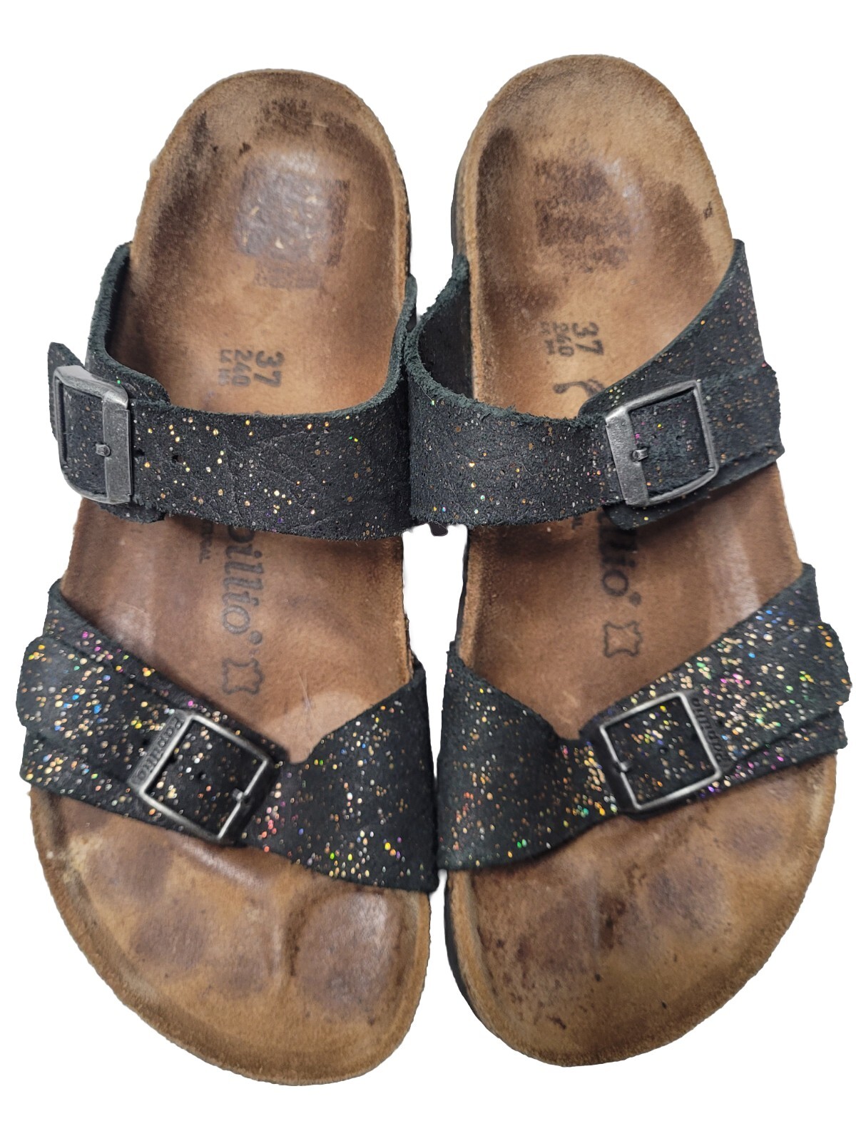 Papillio Birkenstock Sz 37  Black Glitter Straps Slip On Sandals