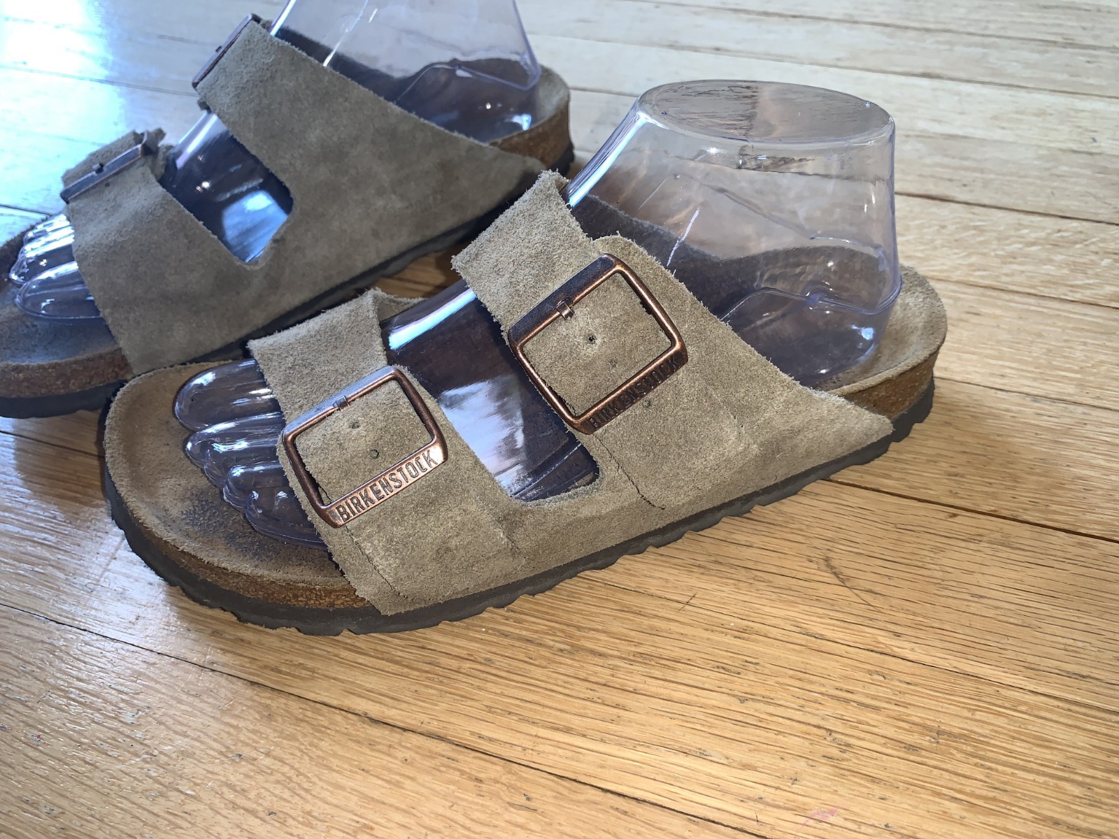 Birkenstock Arizona Soft Footbed Suede Leather Sandals Taupe Slides 39 Narrow
