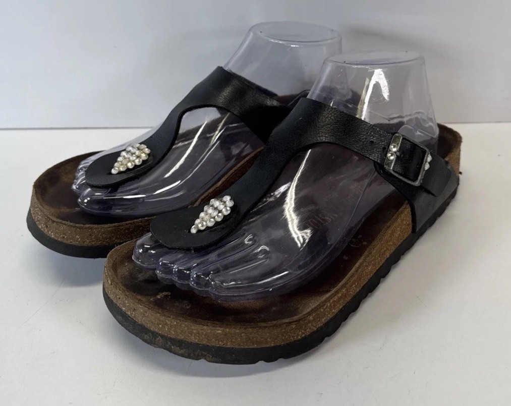 Birkenstock Gizeh Sandals 38 Black Rhinestone Toe Strap US 7 Narrow Germany