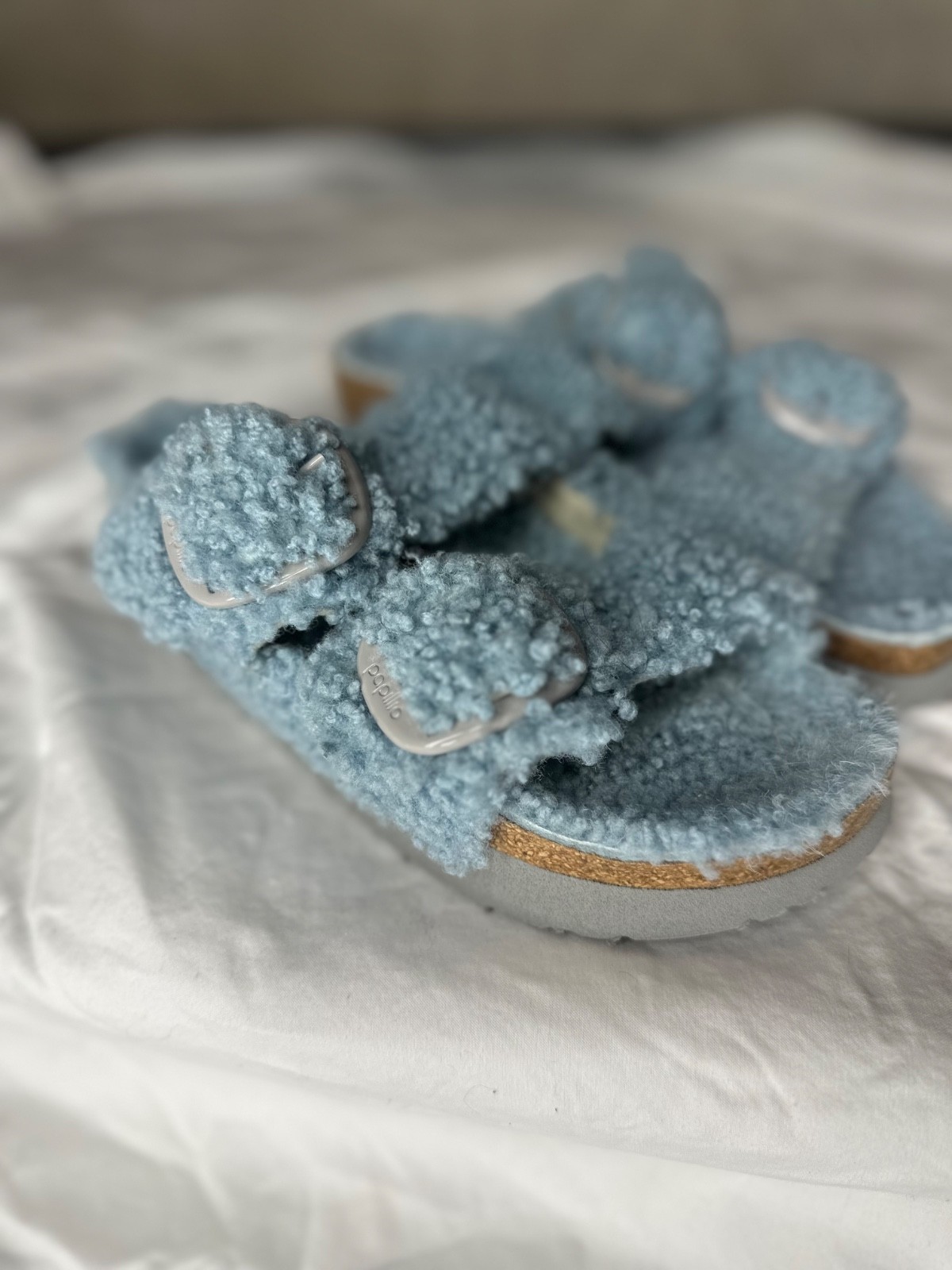 New Birkenstock Papillio Light Blue  fuzzy sandals Big Buckle Size 40 US 9 – 9.5
