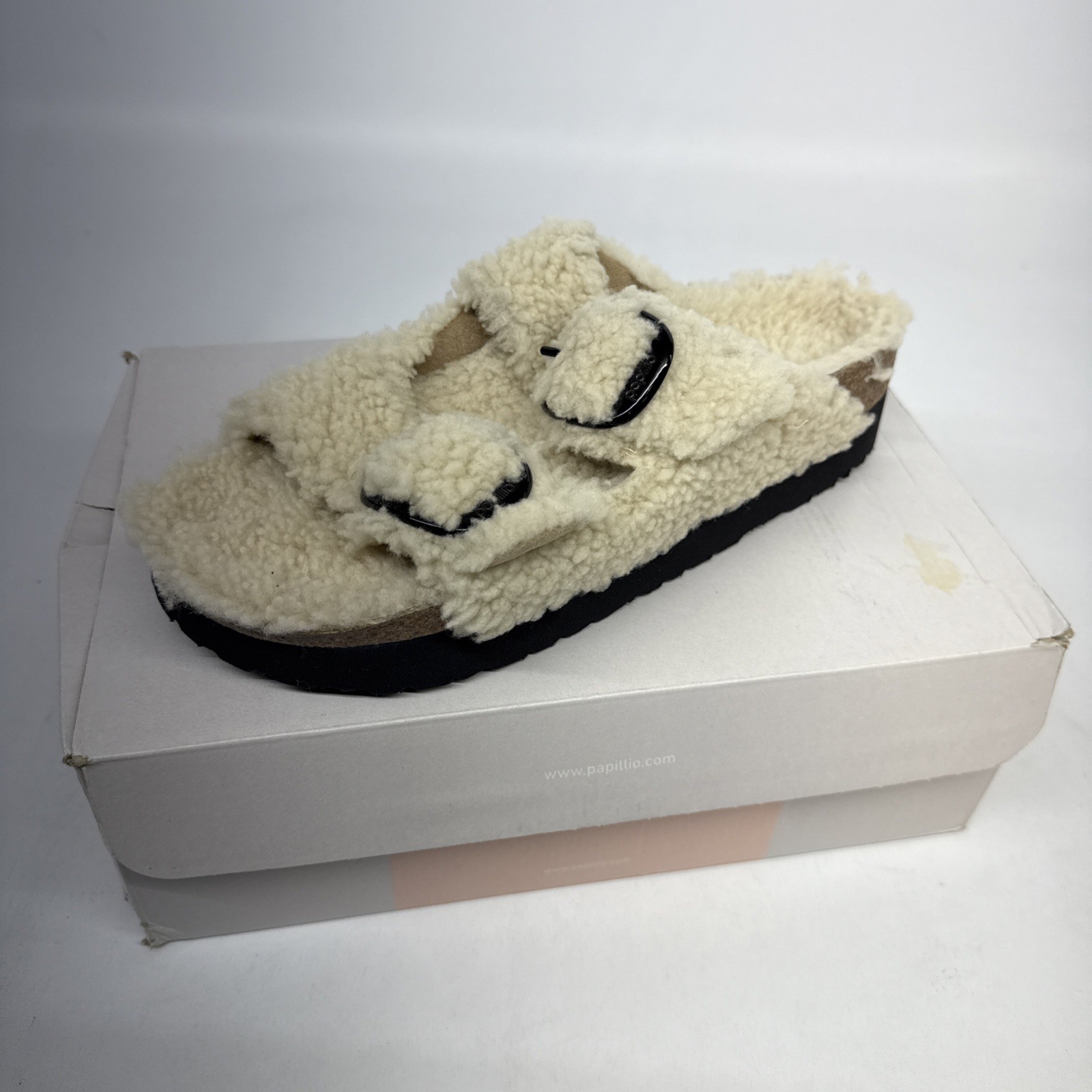 Birkenstock Papillio Arizona Big Buckle Pap Eggshell, Tan Fur Sandals Size 41
