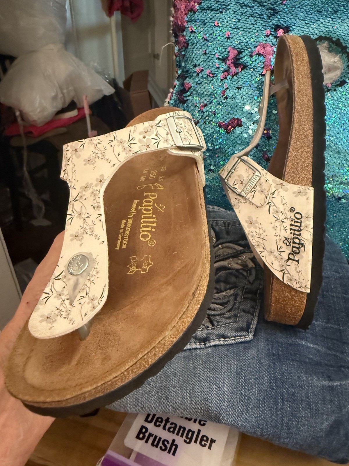 Papillio Birkenstock Gizeh Sandals Women EU 39 US 8 L8 M6 White Floral Thong