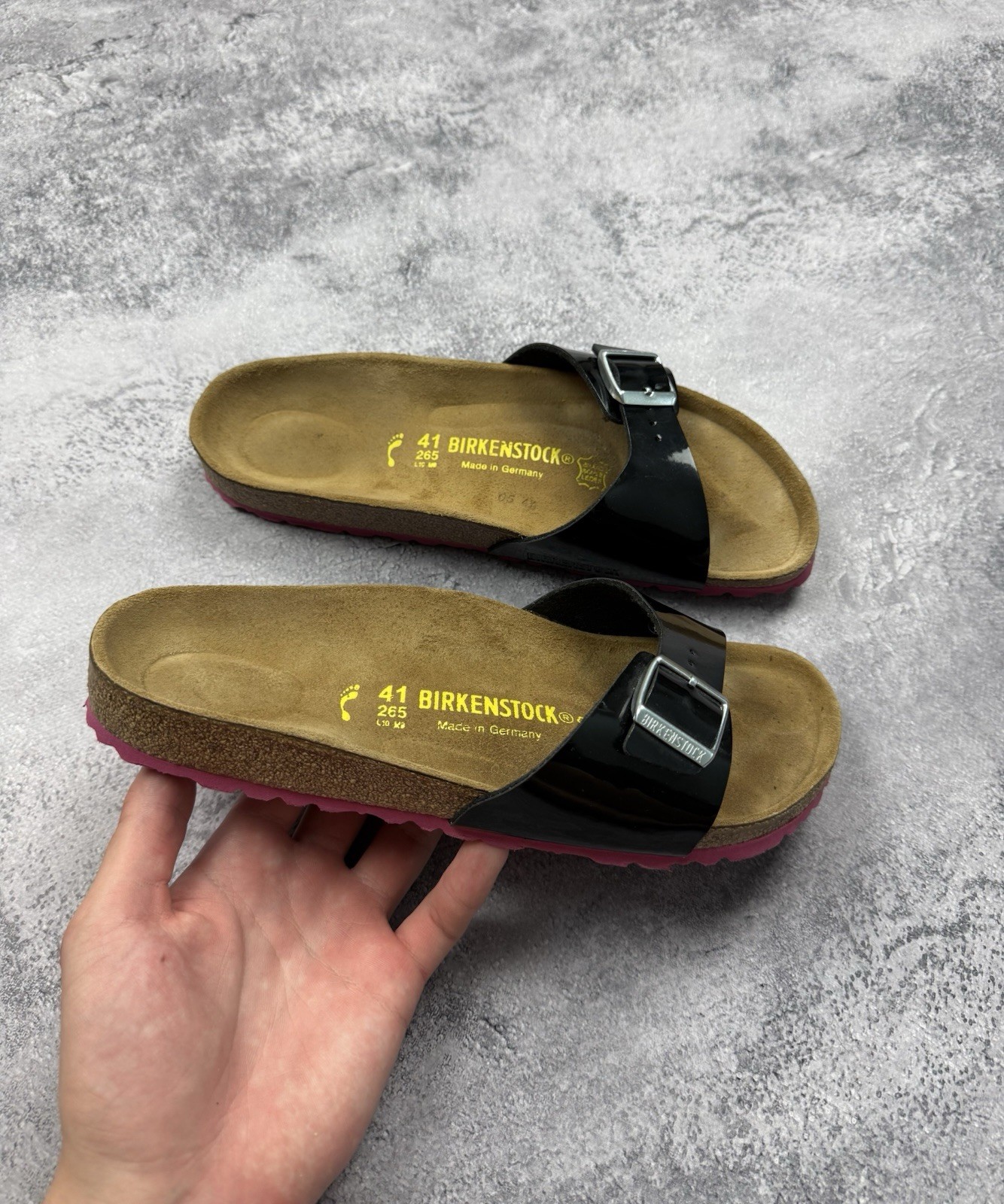 Birkenstock Madrid Women’s Black Sandals Buckle Patent Slides Adjustable Size 41