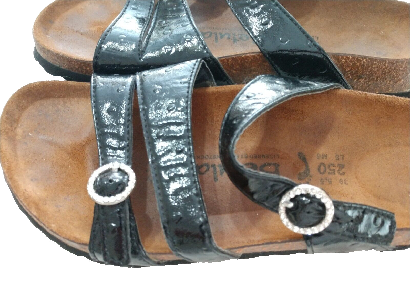 Birkenstock Betula Faux ostrich patent leather with rhinestone buckles EUC