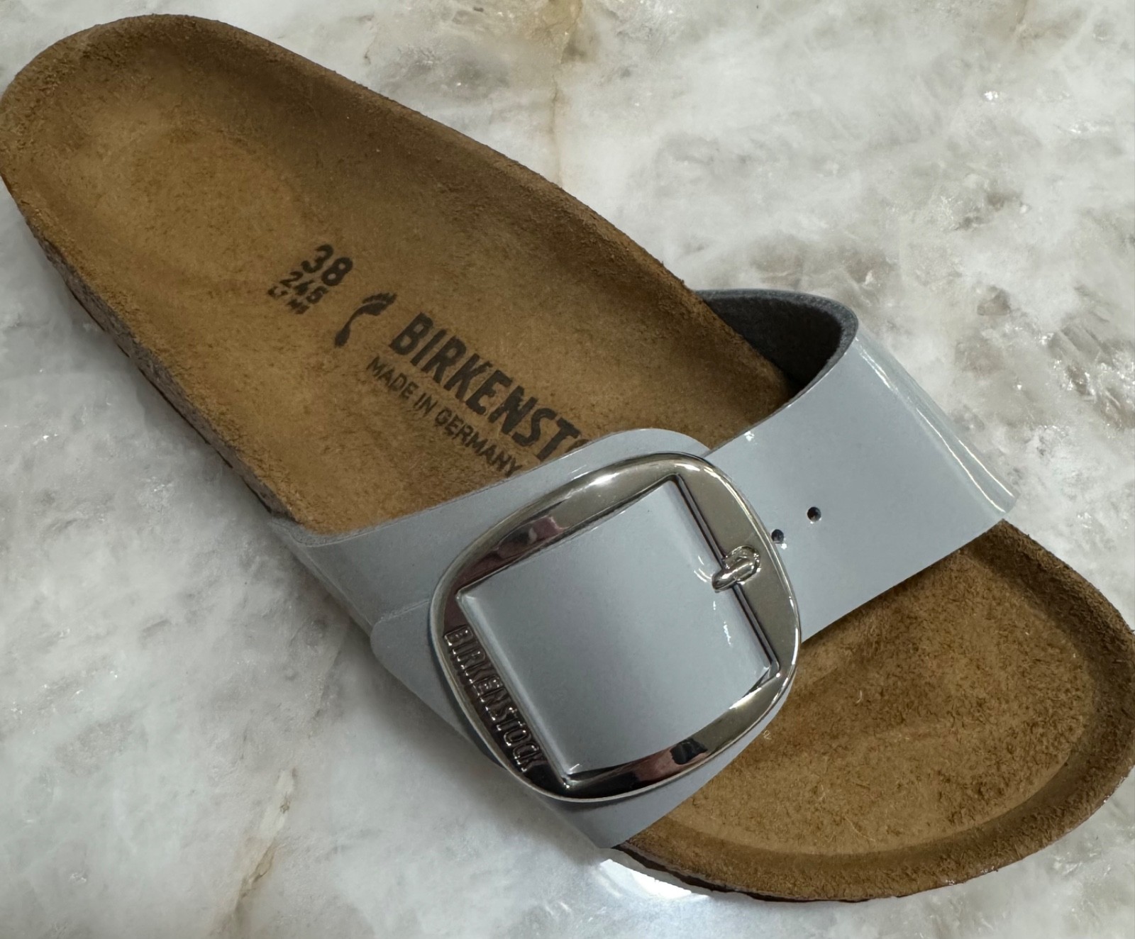 BIRKENSTOCK MADRID BIG BUCKLE BIRKO-FLOR PATENT ALLOY GRAY 38 Ladies 7 Narrow