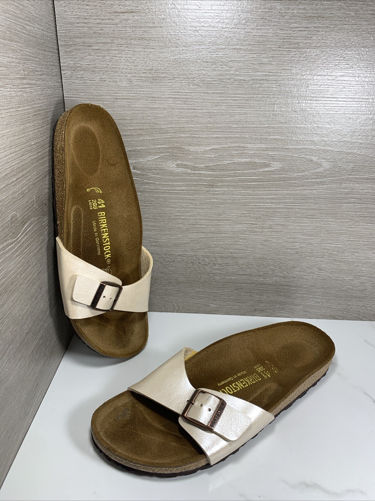 Birkenstock Madrid Womens 41 US 10 Pearl White Birko Flor Leather Sandals Slides