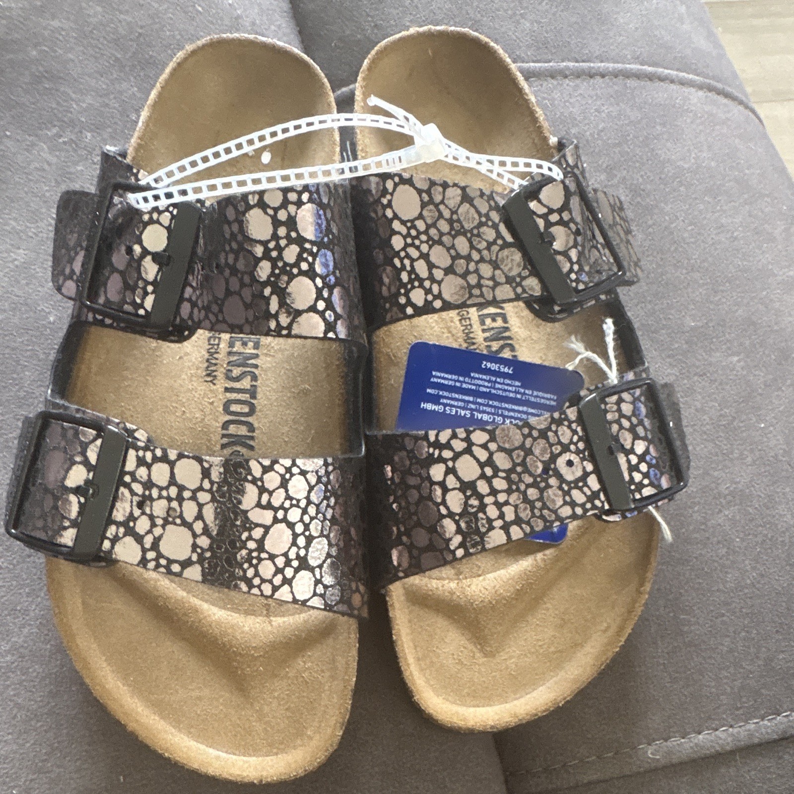 Birkenstock Arizona Woman’s Leather Slide Sandals Buckle Cork, Black/Beige EU 37