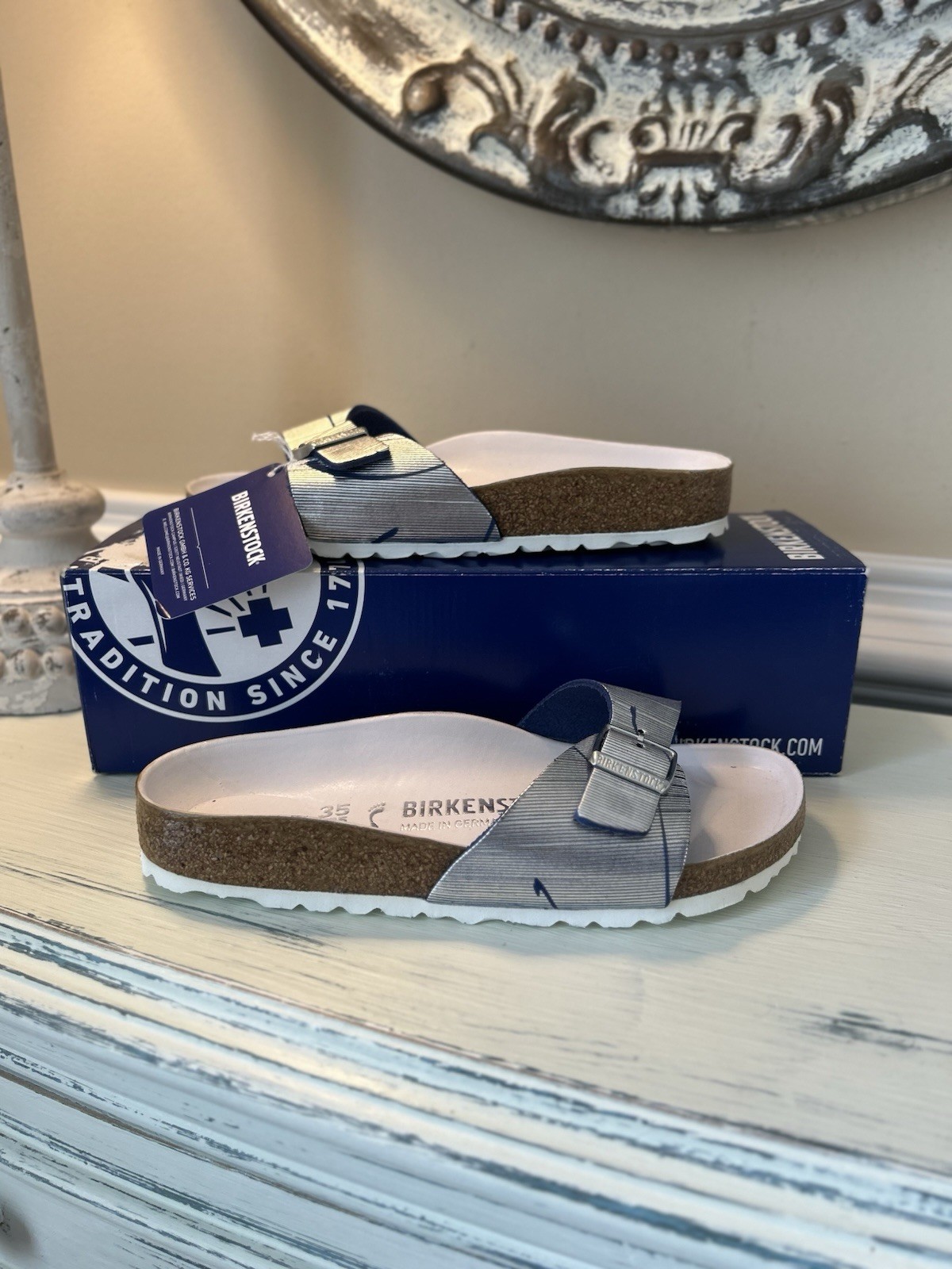 Birkenstock Madrid Rivet Logo Sandal Women’s EU 35 US 4 Metallic Cuts Ocean NWB