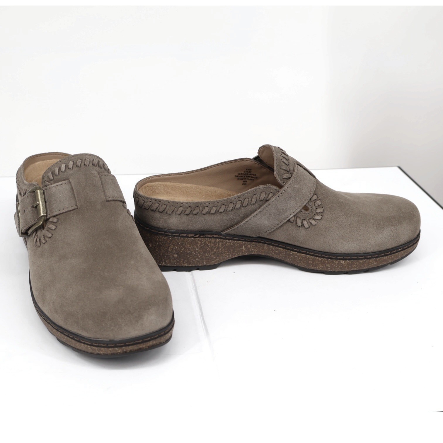 Earth Kay Gray Suede Whipstitch Cork Wedge Buckle Clog Mule 8.5 M NIB Boho Comfy
