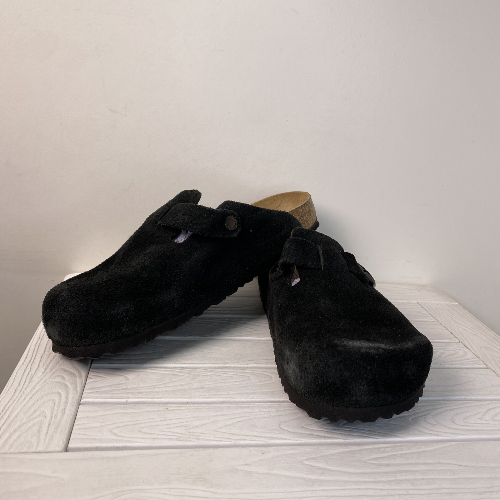 Birkenstock Boston BS Unisex Mens 7 Womens 9 Black Soft Suede Slip On Clogs