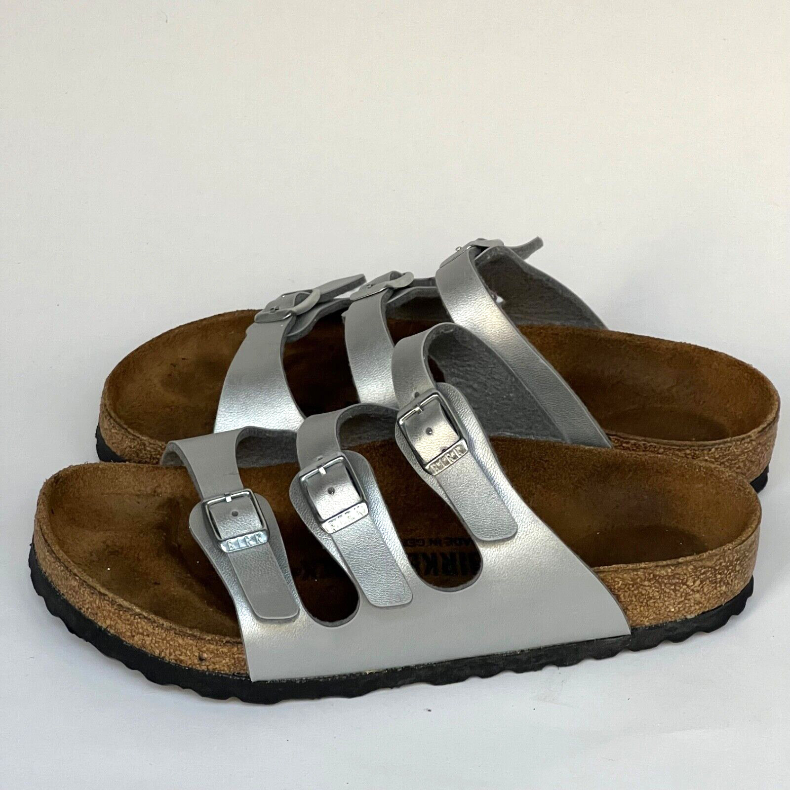 BIRKENSTOCK Florida Birko Flor Regular Fit Women Size 4 Silver 3 Buckle Sandals