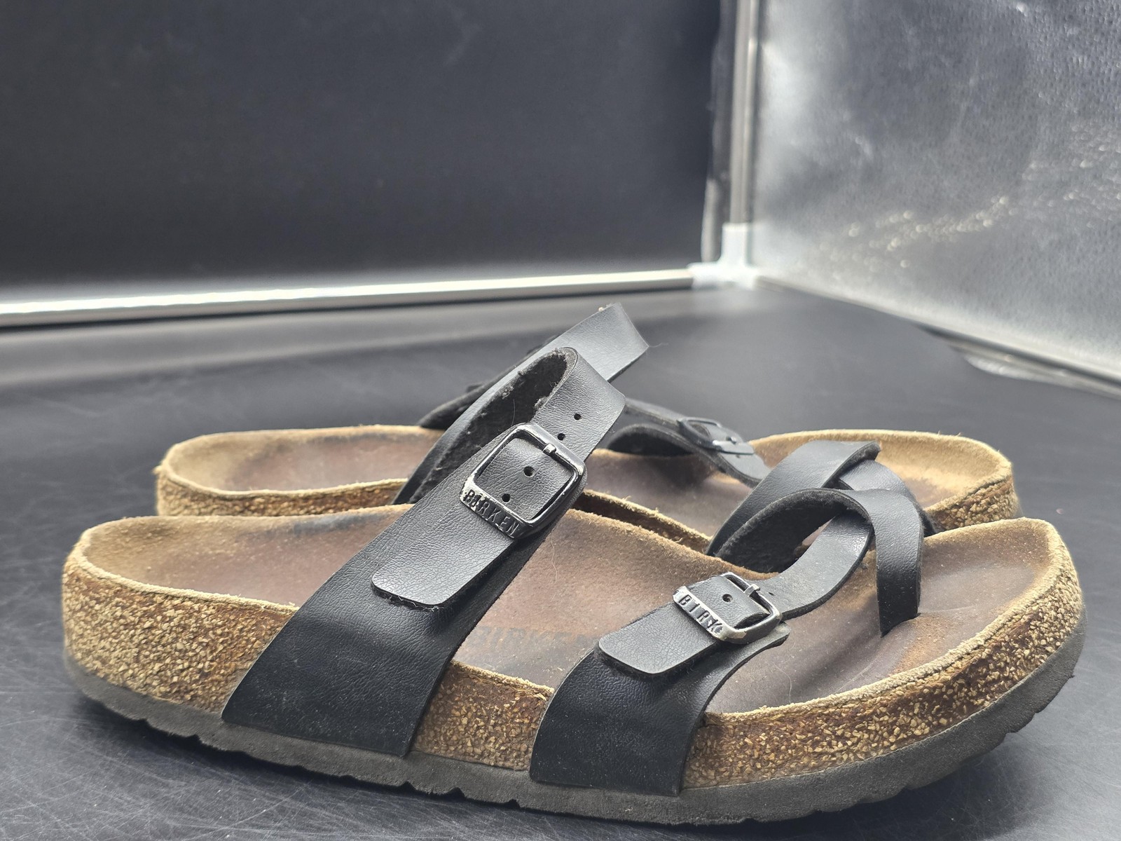 Birkenstock Mayari Sandals Womens Size 8 39 Black Strappy Cork Damage Shoes